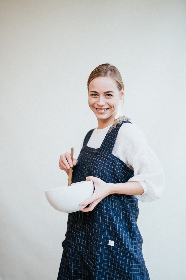 Linen Pinafore Apron, Chequered Linen Crafts Apron, Linen Smock Apron, Pinafore Apron Woman, No-ties apron, Japanese apron, Kindergarden image 6