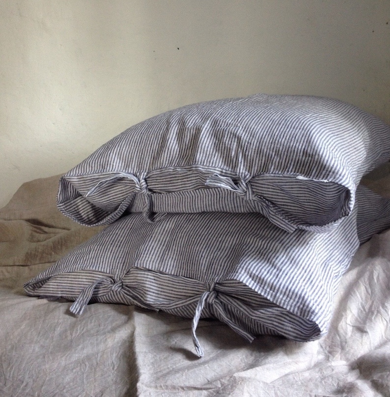 Striped Linen Pillowcase, Linen Pillowcase With Thin White and Blue