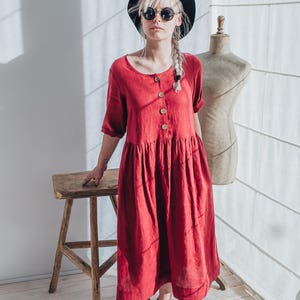 Red Linen Dress with Short Sleeves, Light Linen Summer Dress with Pockets by Linenbee Custom made plus size dress, plus size maxi dress, xxl image 1