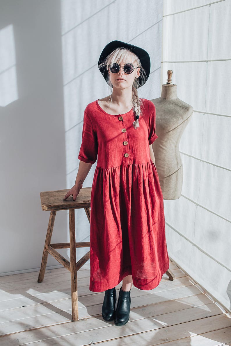 Red Linen Dress with Short Sleeves, Light Linen Summer Dress with Pockets by Linenbee Custom made plus size dress, plus size maxi dress, xxl image 1