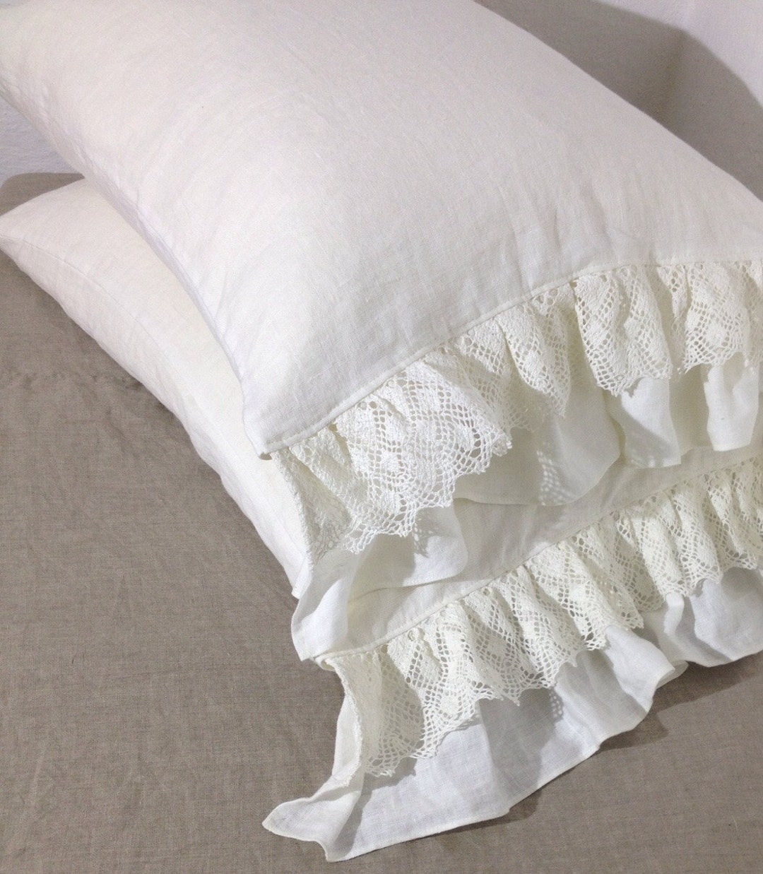 Linen Pillowcase With Lace and Ruffles Romantic Pillowcase Etsy