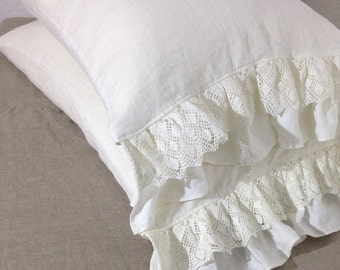 Linen Pillowcase with Lace and Ruffles, Romantic Pillowcase, Antique Shabby Chic Sham, Queen, King, Standard Linen Pillowcase