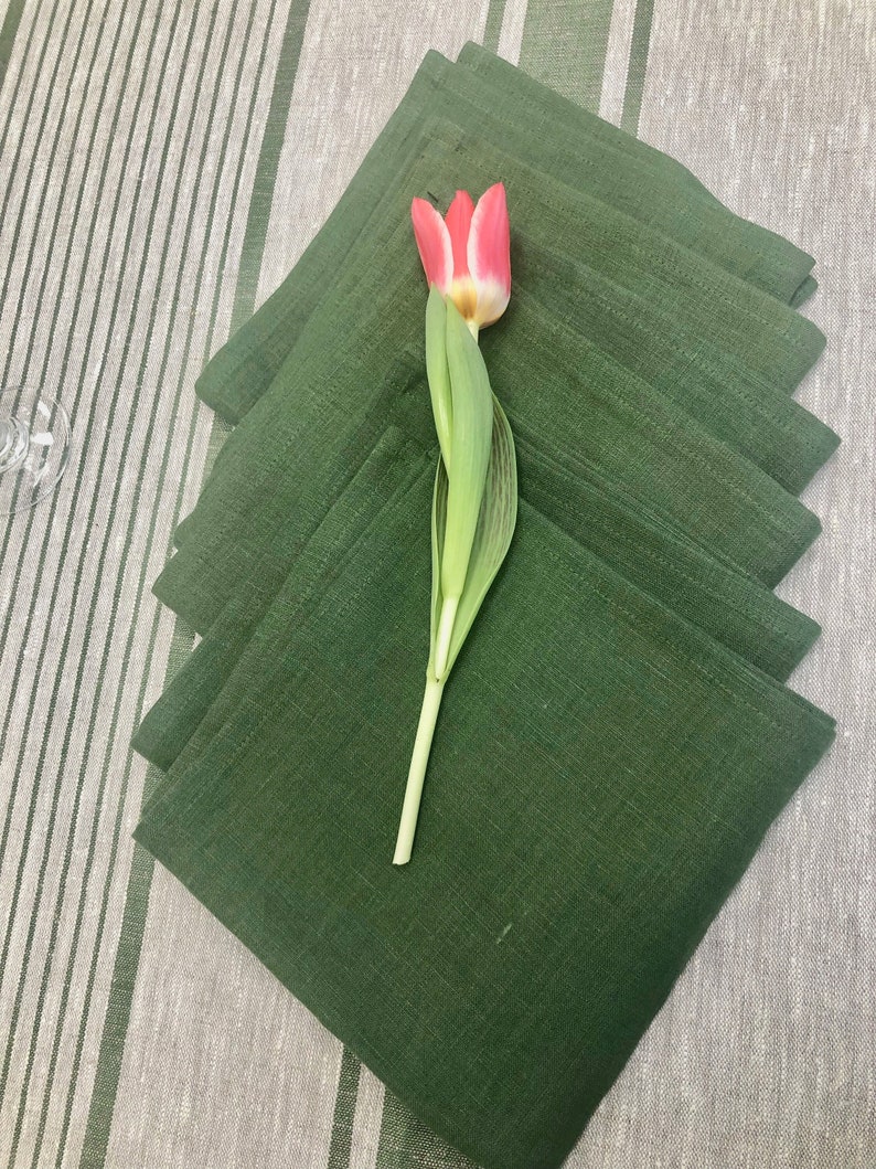 Linen Napkins, Set of 8 forest green cloth napkins, cloth napkins, cloth dining napkins, striped napkins Linenbee image 1