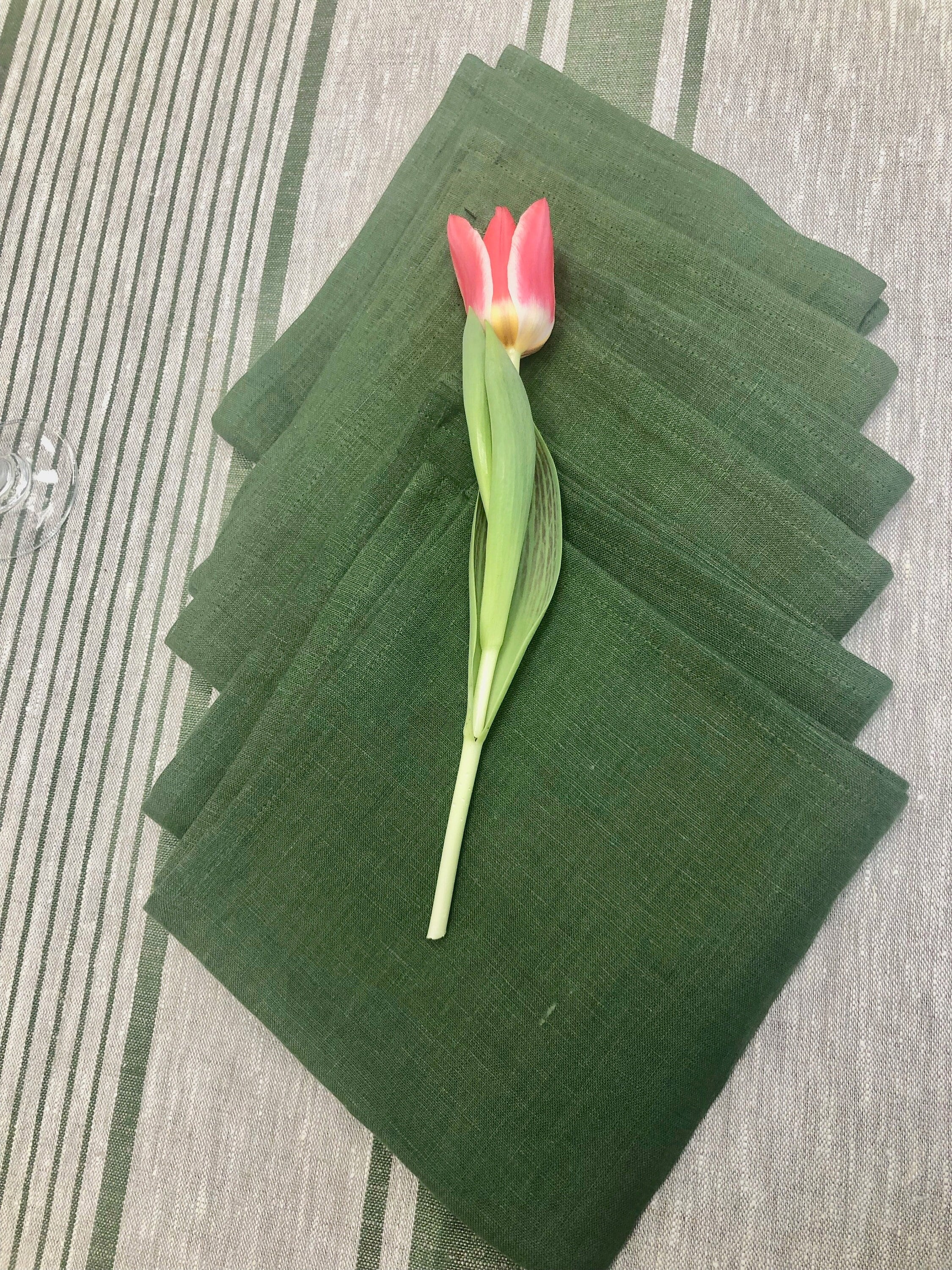 Serviettes en Lin, Ensemble de 8 Serviettes Tissu Vert Forêt, Tissu, à Manger Rayées Linenbee