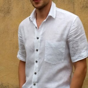 Mens Shirt Mens White Linen Shirt Short Sleeve Button Down Button up Regular Fit shirt Mens clothing Plus size holiday xl shirt men gift