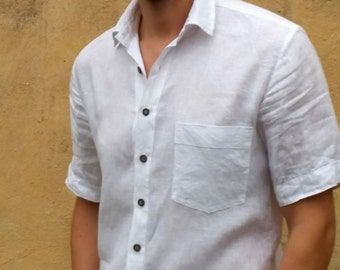 Mens Shirt Mens White Linen Shirt Short Sleeve