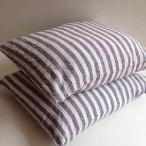 Set of Two Striped Linen Pillowcases, Blue and White Linen Pillowcases, Shams, Queen, King, Standard Linen Pillow Cover