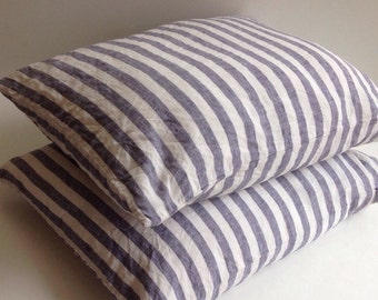 Set of Two Striped Linen Pillowcases, Blue and White Linen Pillowcases, Shams, Queen, King, Standard Linen Pillow Cover