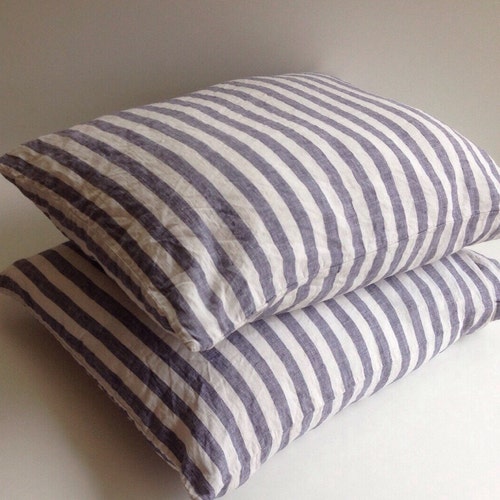 Set of Two Striped Linen Pillowcases Blue and White Linen Etsy