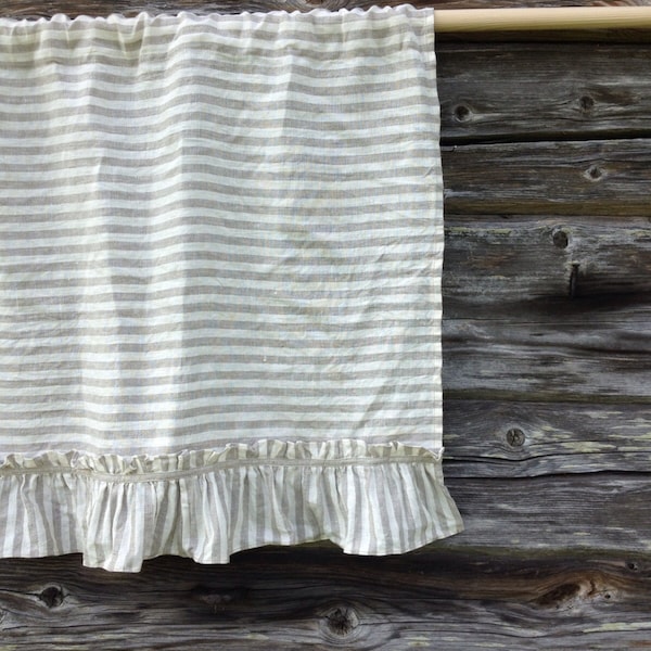 Linen Valance with Ruffles, Striped Linen Curtain, Window Panel French Country Curtain, Shabby Chic Cafe Curtains