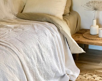 Bed cover White color Textured, Waffle  Linen blanket, Linen throw, Bed throw, rustic throw, White bed covers linen bedding