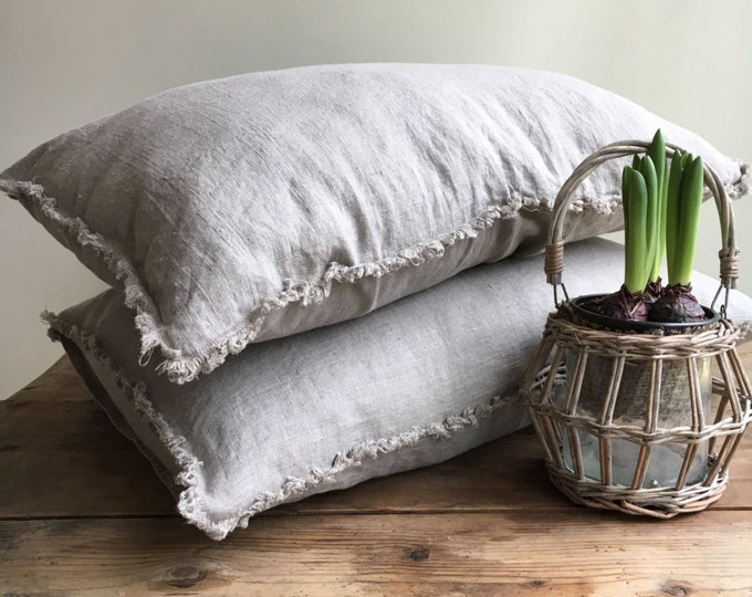 Set of Two Natural Linen Pillowcases With Frayed Edges, Frayed