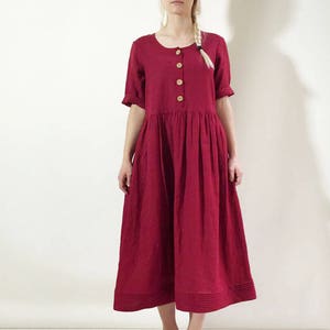 Red Linen Dress with Short Sleeves, Light Linen Summer Dress with Pockets by Linenbee Custom made plus size dress, plus size maxi dress, xxl image 2