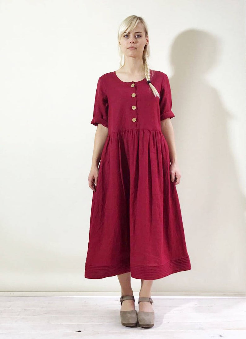 Red Linen Dress with Short Sleeves, Light Linen Summer Dress with Pockets by Linenbee Custom made plus size dress, plus size maxi dress, xxl image 2