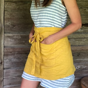 Cafe Apron Apron With Front Pocket, Yellow Linen Apron, Cafe Apron, Half Apron, Long Waist Apron, Women&#39;s aprons, Mens Apron, Apron linen