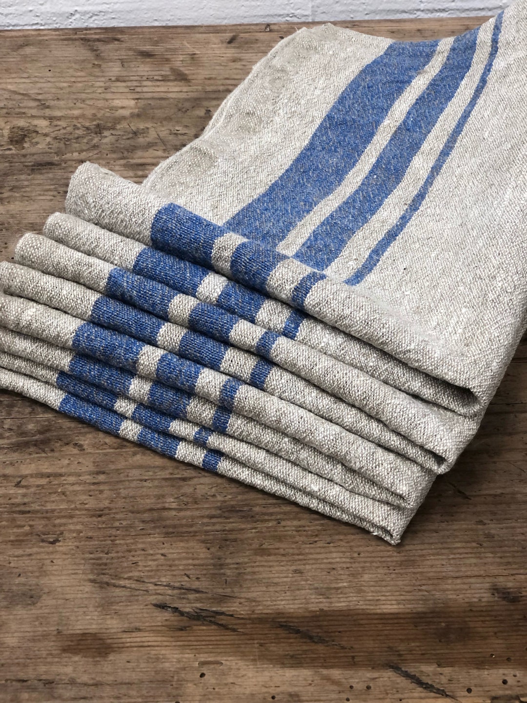 Set of 2 Linen French Stripe Kitchen Towels - Blue