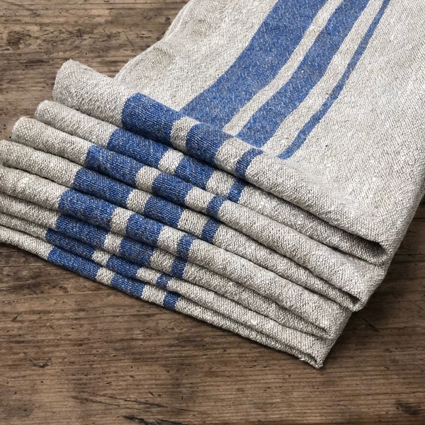 French Striped Linen  towels, Set of four,Bright blue stripes