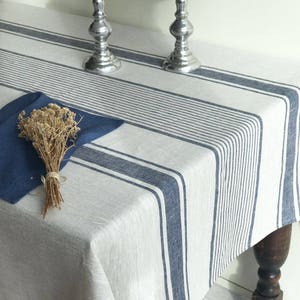 Linen tablecloth, French country rustic table cloth, square tablecloth, oval tablecloth, striped tablecloth, sack linen Dark Blue Stripes