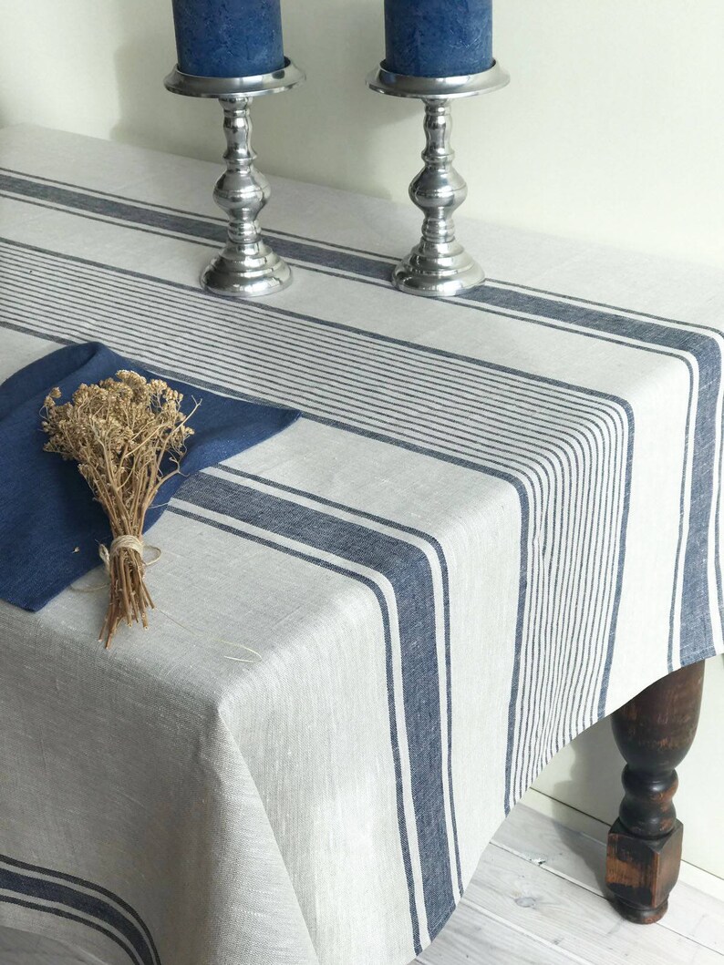 Linen tablecloth, French country rustic table cloth, square tablecloth, oval tablecloth, striped tablecloth, sack linen Dark Blue Stripes