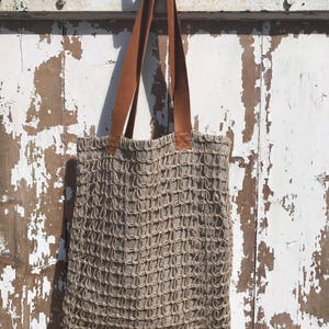 Bolso de lino natural con correa de cuero, bolso de lona, bolso de lino, bolso de tela, bolso de lino, bolso de lino, bolso de hombro, bolso marrón gris