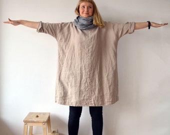 Robe tunique en lin, tunique surdimensionnée, tunique pour femme, tunique grande taille, tuniques en lin pour femme, robe en lin avec manches, robe en lin naturel