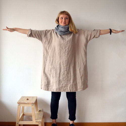 Robe tunique en lin, tunique surdimensionnée, tunique pour femme, tunique grande taille, tuniques en lin pour femme, robe en lin avec manches, robe en lin naturel