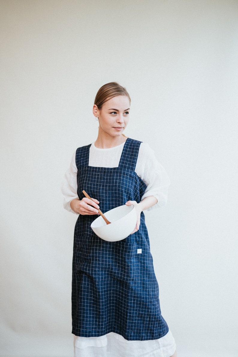 Linen Pinafore Apron, Chequered Linen Crafts Apron, Linen Smock Apron, Pinafore Apron Woman, No-ties apron, Japanese apron, Kindergarden image 2