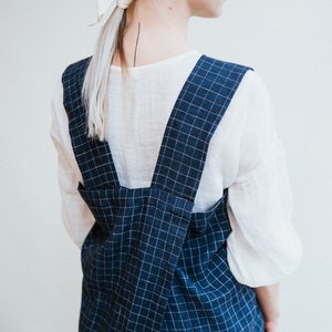 Linen Pinafore Apron, Chequered Linen Crafts Apron, Linen Smock Apron, Pinafore Apron Woman, No-ties apron, Japanese apron, Kindergarden image 8