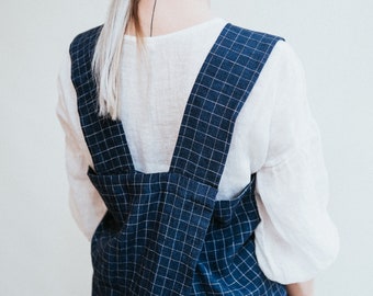 Linen Pinafore Apron, Chequered Linen Crafts Apron, Linen Smock Apron, Pinafore Apron Woman, No-ties apron, Japanese apron, Kindergarden