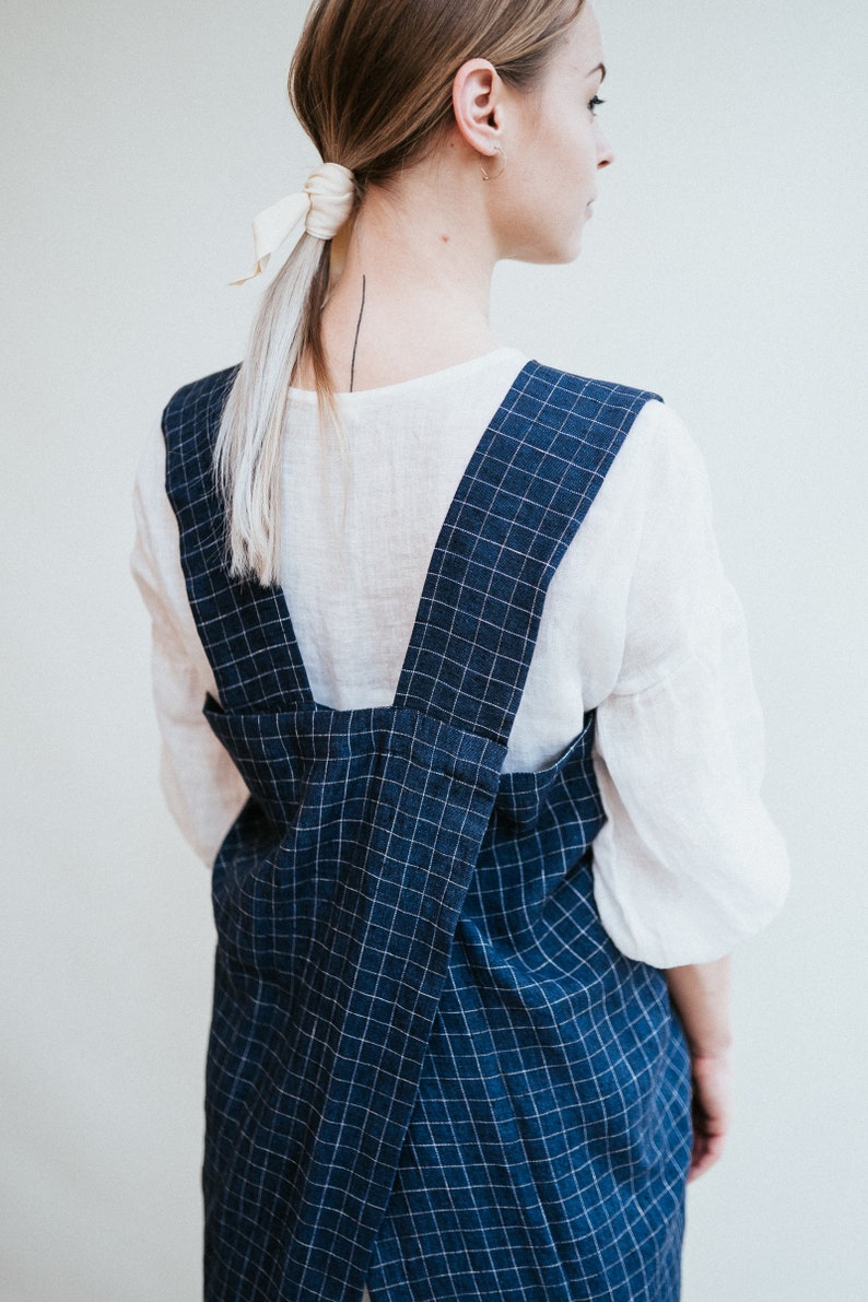 Linen Pinafore Apron, Chequered Linen Crafts Apron, Linen Smock Apron, Pinafore Apron Woman, No-ties apron, Japanese apron, Kindergarden image 8