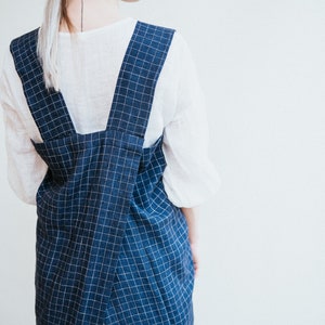 Linen Pinafore Apron, Chequered Linen Crafts Apron, Linen Smock Apron, Pinafore Apron Woman, No-ties apron, Japanese apron, Kindergarden image 5