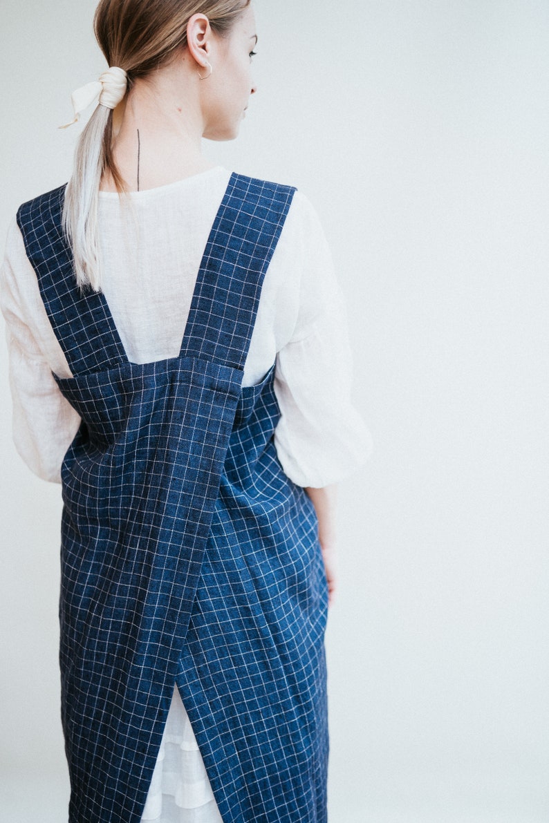 Linen Pinafore Apron, Chequered Linen Crafts Apron, Linen Smock Apron, Pinafore Apron Woman, No-ties apron, Japanese apron, Kindergarden image 5