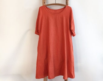 Robe en lin, robe trapèze, robe ample, robe tunique femme plus taille, robe orange, robes en lin pour femme, robe d’été, robe ample