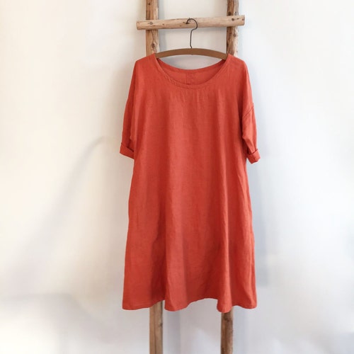 Linen Dress, Trapeze dress, Loose dress, Womens tunic dress plus size, orange dress, linen dresses for woman, summer dress, Loose dress