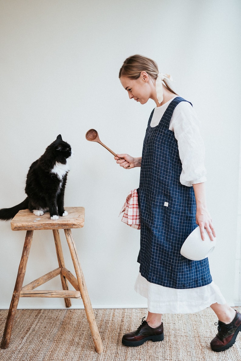 Linen Pinafore Apron, Chequered Linen Crafts Apron, Linen Smock Apron, Pinafore Apron Woman, No-ties apron, Japanese apron, Kindergarden image 1