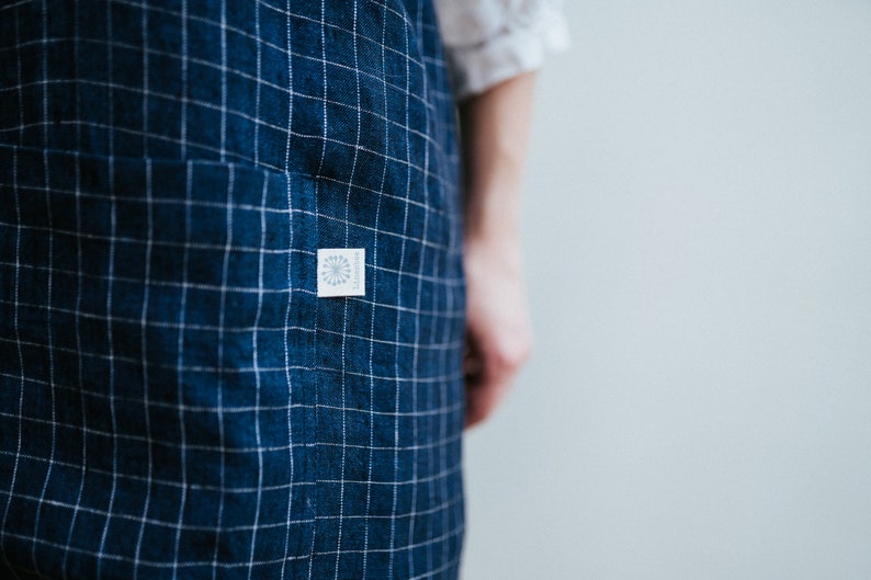 Linen Pinafore Apron, Chequered Linen Crafts Apron, Linen Smock Apron, Pinafore Apron Woman, No-ties apron, Japanese apron, Kindergarden image 7