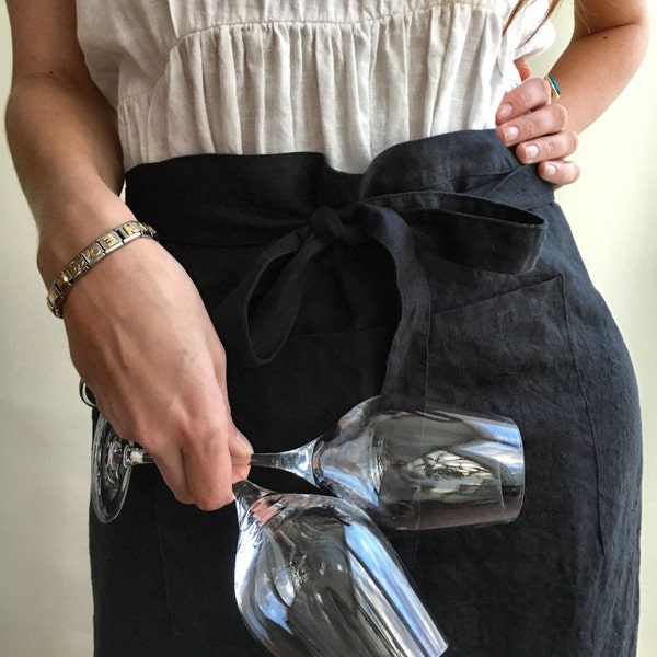Half Apron With Front Pocket, Black Linen Apron, Cafe Apron, Half Apron, Long Waist Apron, Women's aprons, Mens Apron, Apron linen, Striped