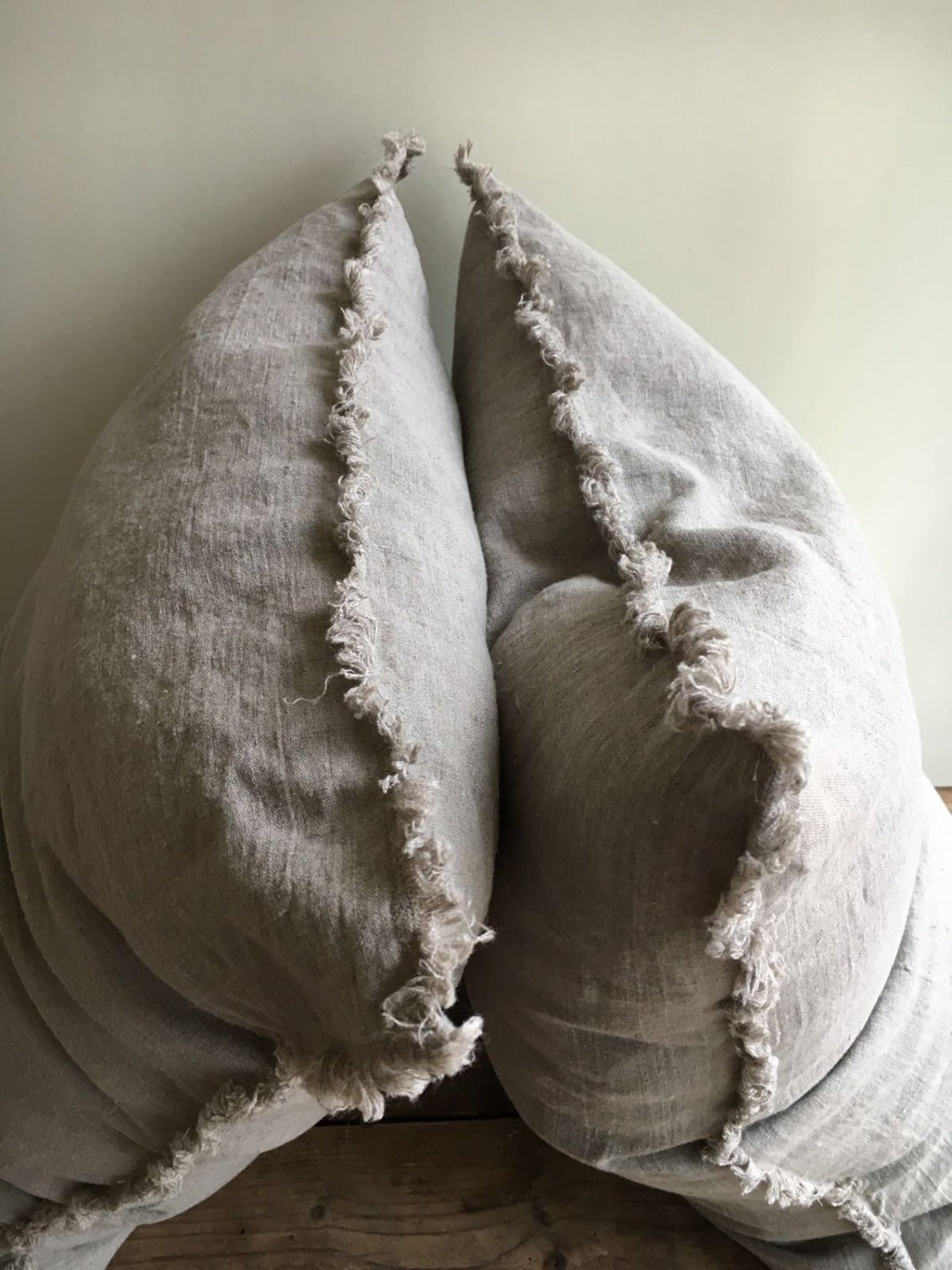 Set of Two Natural Linen Pillowcases With Frayed Edges, Frayed