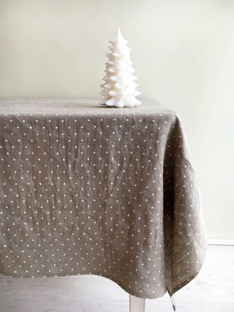 Linen Christmas tablecloth, White dotted tablecloth, Stonewashed natural linen tablecloth, rectangle tablecloth Christmas table polka dots image 1