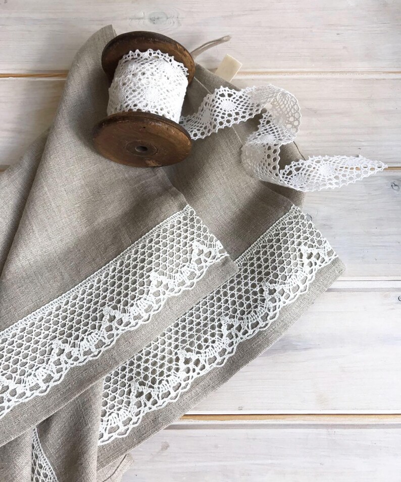 Romantic Linen Tea Towels With Lace Guest Towels Set of Three Etsy