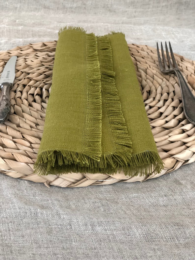 Green Linen Napkins With Frayed Edges Napkins Christmas Etsy UK