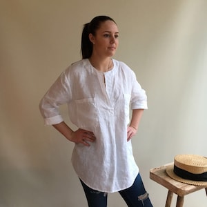 Linen Tunic Top, Linen Blouse, Loose Linen Shirt, Long Sleeves, White Linen Tunic, Boyfriend Shirt, White Linen Shirt, Plus Size Shirt image 1