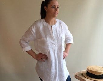 Linen Tunic Top, Linen Blouse, Loose Linen Shirt, Long Sleeves, White Linen Tunic, Boyfriend Shirt, White Linen Shirt, Plus Size Shirt