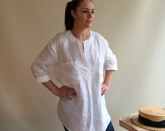 Linen Tunic Top, Linen Blouse, Loose Linen Shirt, Long Sleeves, White Linen Tunic, Boyfriend Shirt, White Linen Shirt, Plus Size Shirt