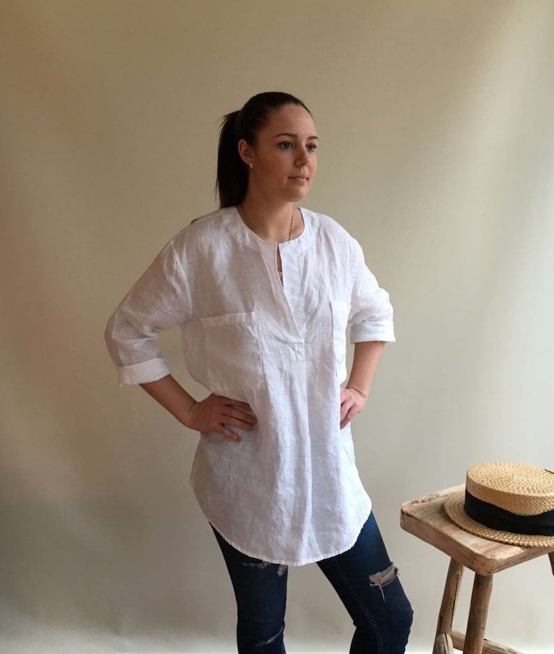 Linen Tunic Top, Linen Blouse, Loose Linen Shirt, Long Sleeves, White Linen Tunic, Boyfriend Shirt, White Linen Shirt, Plus Size Shirt image 1