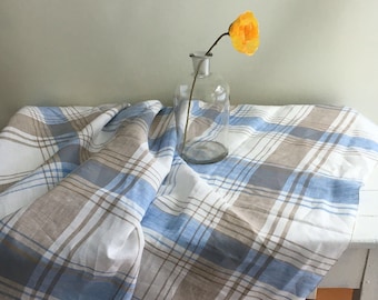 Linen tablecloth, Large, Extra wide,Tartan tablecloth, rectangle tablecloth, checkered tablecloth, blue and brown tartan, square