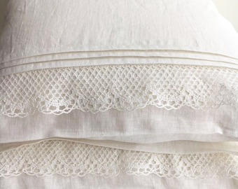 White Linen Pillowcase with Lace, Romantic Pillowcase, Antique Shabby Chic Sham, Queen, King, Standard Linen Pillowcase, Linen Bedding