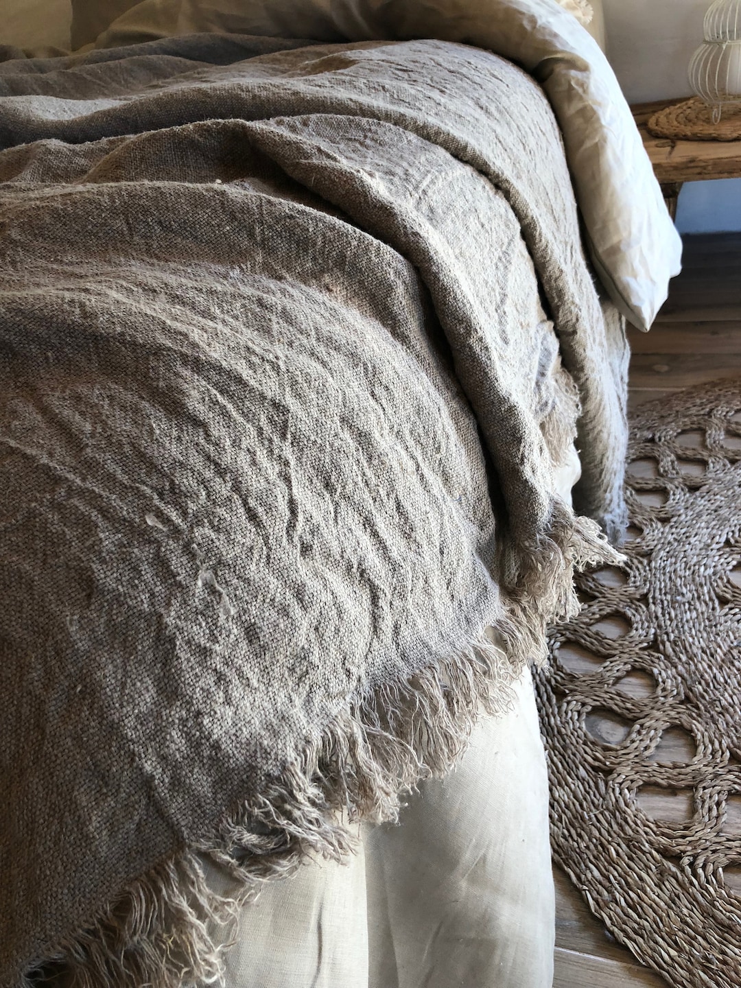 Linen Bed Cover Rustic Linen Rustic Blanket With Fringes Linen Throw Bed Throw Rustic Throw Natural Bed Covers Burlap Bedding Etsy