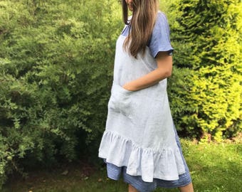 Linnen Pinafore Schort met Roes, Gestreepte Pinafore Schort Vrouw, Vierkant-Kruis Schort, Geen schort, Japans schort, linnen sok, Schort jurk