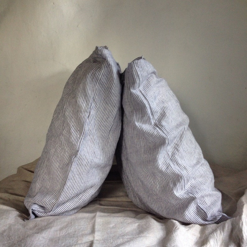 Striped Linen Pillowcase, Linen Pillowcase With Thin White and Blue